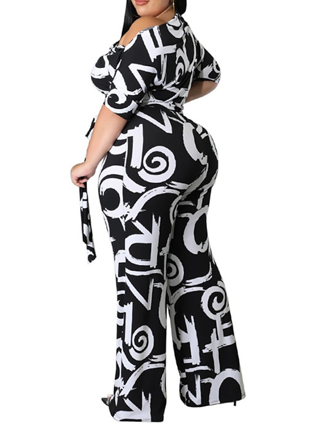 Womens Clothing Plus Size Collection | Womens Plus Size Jumpsuit Print Color Block Letter Streetwear Casual Daily High Full Leng