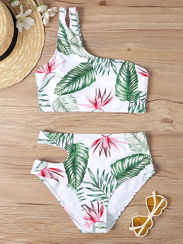 Womens Clothing Womens Swimwear | Womens Swimwear Bikini 2 Piece Normal Swimsuit Backless Printing High Waisted Hole Leaf Cow Pr