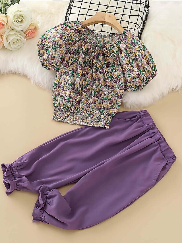 Baby & Kids Girls Clothing | Kids Girls T-shirt & Pants Pants Set Clothing Set 2 Pieces Short Sleeve Purple Floral Loose Cotton 