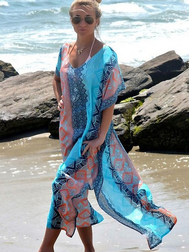  Women's Cover Up Swim Dress Swimsuit Oversized Blue Swimwear Bathing Suits New / Padless / Beach