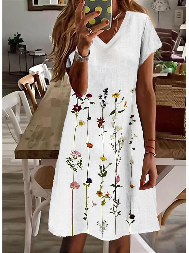 Womens Clothing Womens Dresses | Womens Shift Dress Knee Length Dress White Short Sleeve Floral Print Spring Summer V Neck Styli