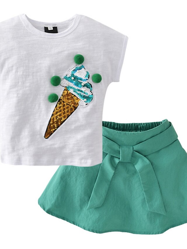 Baby & Kids Girls Clothing | Kids Girls T-shirt & Skirt Clothing Set 2 Pieces Short Sleeve Green Pink Print Print Outdoor Active