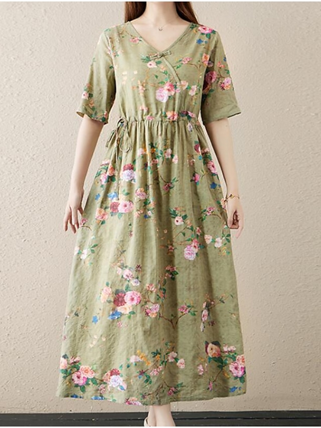 Womens Clothing Womens Dresses | Womens A Line Dress Maxi long Dress Green Pink Light Green Wine Short Sleeve Floral Print Print