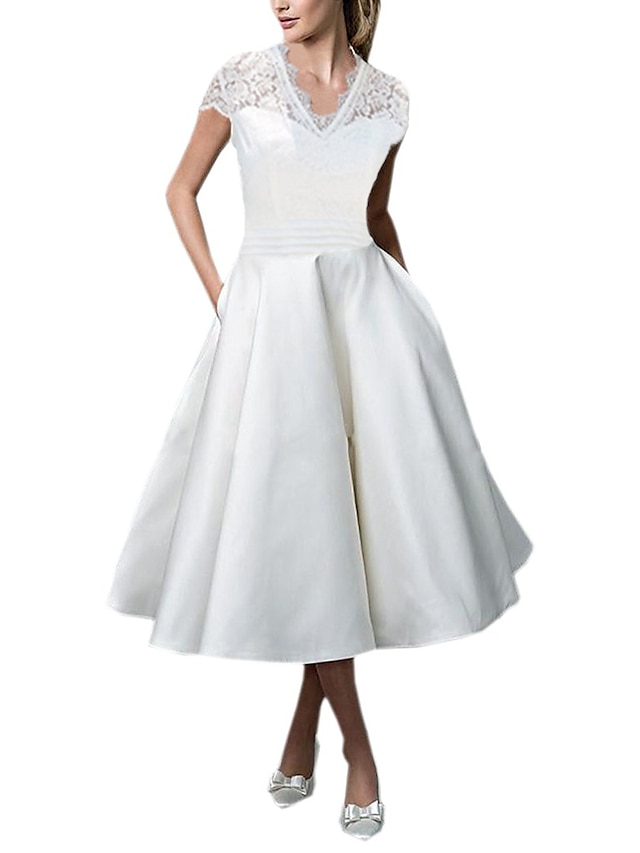  Women's Lace Dress Swing Dress Midi Dress White Short Sleeve Pure Color Lace Patchwork Spring V Neck Sexy Party Slim 2022 S M L XL XXL 3XL / Party Dress