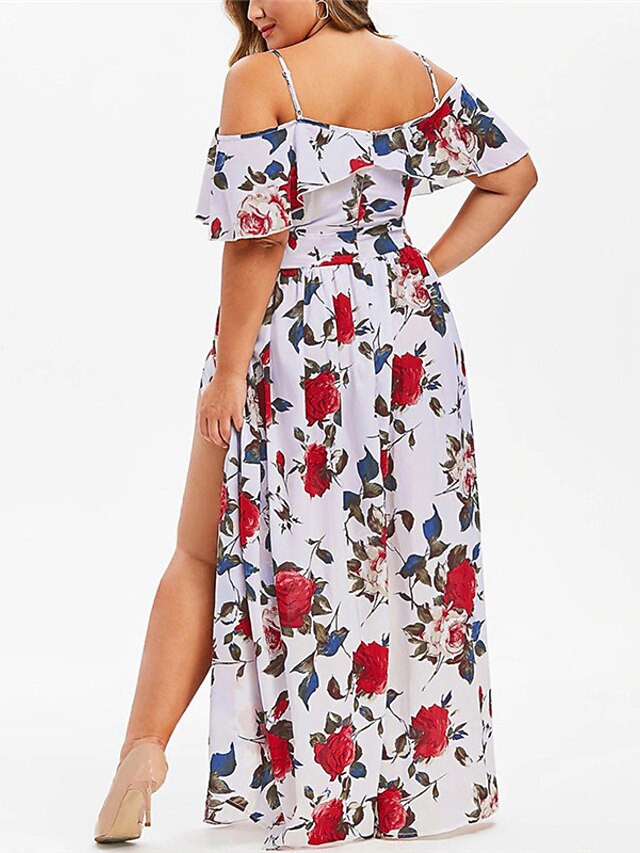 Womens Clothing Plus Size Collection | Womens Plus Size A Line Dress Floral Off Shoulder Print Short Sleeve Spring Summer Sexy M