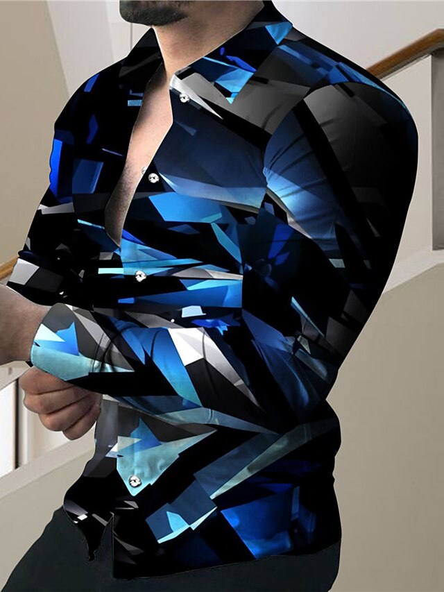  Men's Shirt 3D Print Optical Illusion Turndown Street Casual Button-Down Print Long Sleeve Tops Casual Fashion Designer Breathable Blue / Spring / Summer