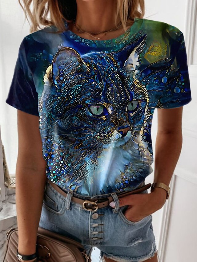 Women's T shirt Tee Navy Blue Cat 3D Print Short Sleeve Casual Weekend ...