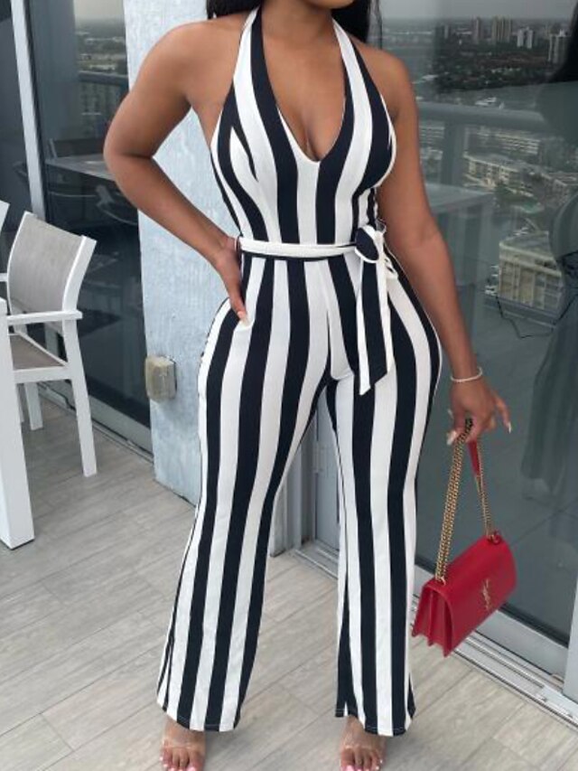 Womens Clothing Womens Jumpsuits & Rompers | Womens Jumpsuit Backless Lace up Striped Halter Neck Casual Daily Weekend Regular F