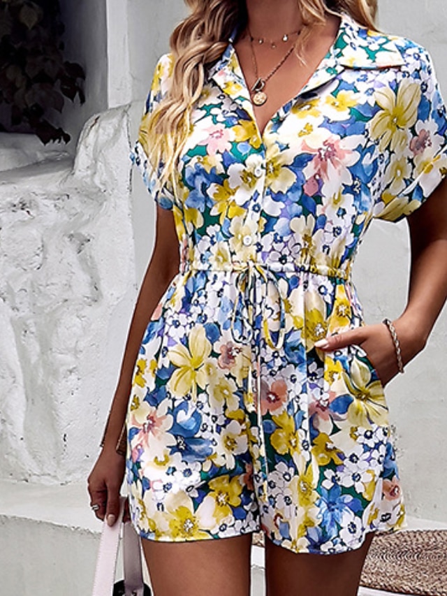 Womens Clothing Womens Jumpsuits & Rompers | Womens Romper Print Floral V Neck Casual Holiday Going out Regular Fit Short Sleeve