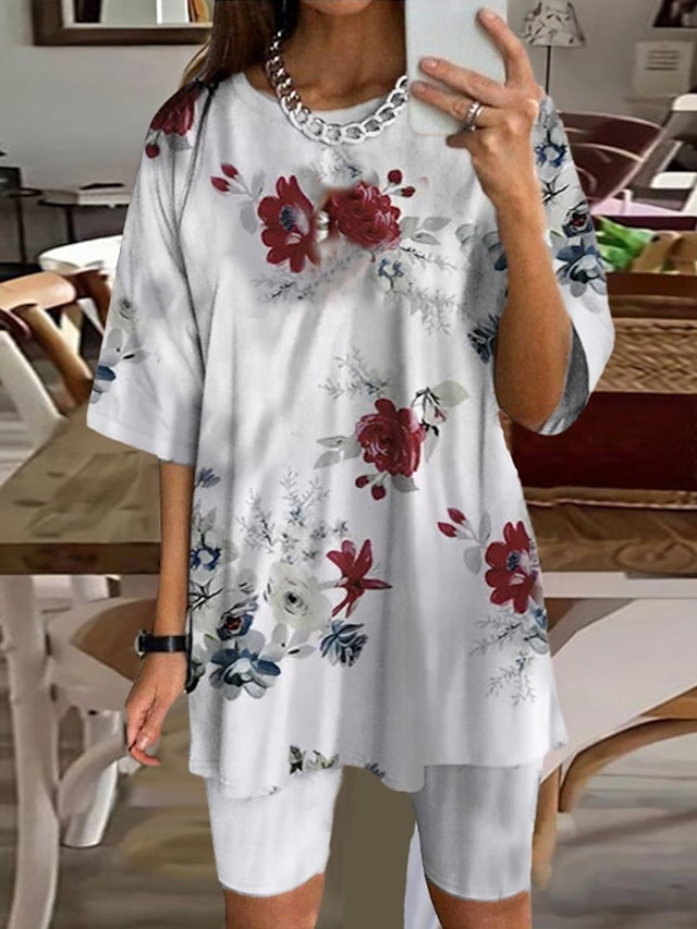 Womens Clothing Womens Sleep & Lounge | Womens Loungewear Sets 2 Pieces Flower Comfort Sweet Home Daily Polyester Crew Neck Half