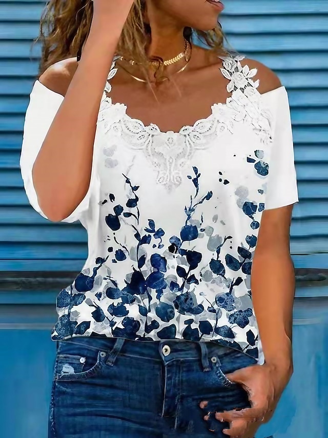  Women's T shirt Off Shoulder Lace Daily Flower / Floral T-shirt Sleeve Off Shoulder Summer Regular White