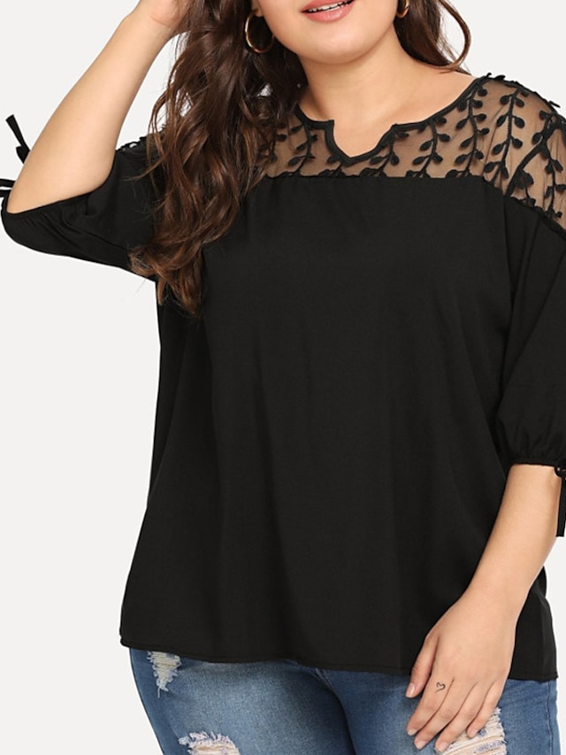 Womens Clothing Plus Size Collection | Womens Plus Size Tops T shirt Plain Lace 3/4 Length Sleeve V Neck Basic Streetwear Daily 