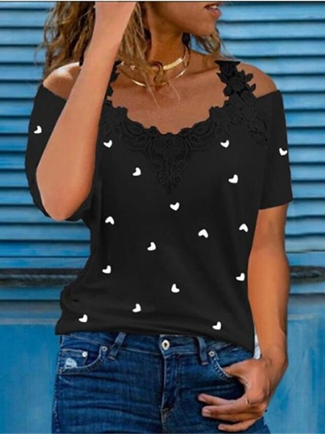 Womens Clothing Womens Tops | Womens Casual T shirt Tee Heart Short Sleeve Lace Trims Cold Shoulder Print Off Shoulder Basic Top