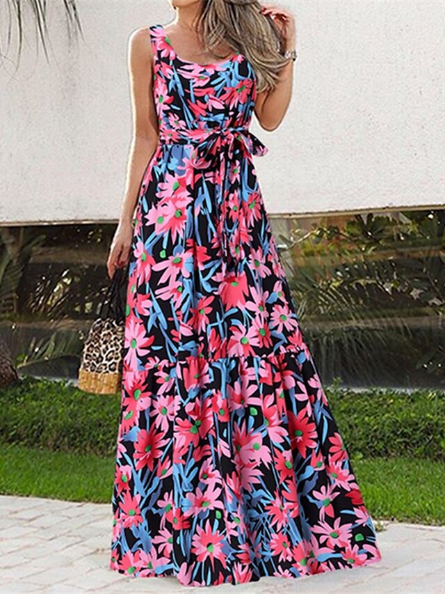 Womens Clothing Womens Dresses | Womens A Line Dress Maxi long Dress White Black Pink Red Sleeveless Floral Print Spring Summer 