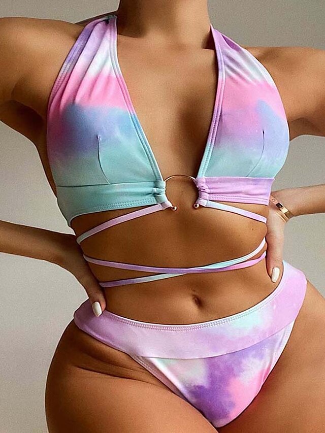 Womens Clothing Womens Swimwear | Womens Swimwear Bikini 2 Piece Normal Swimsuit Backless 2 Piece Printing Hole Tie Dye Ombre Pu