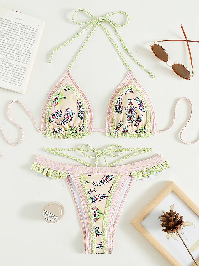 Womens Clothing Womens Swimwear | Womens Swimwear Bikini 2 Piece Normal Swimsuit Backless Printing string Hole Floral Print Gree