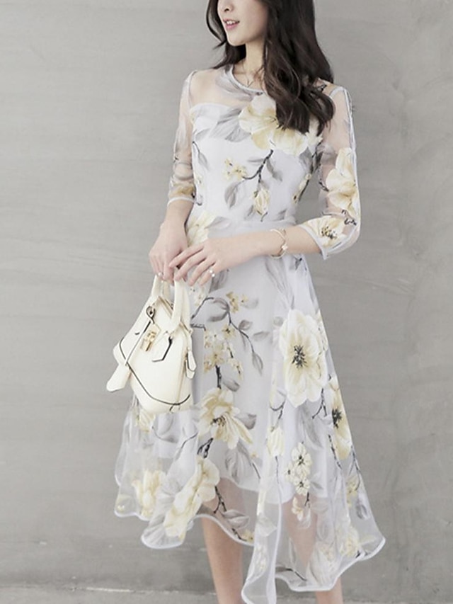 Womens Clothing Womens Dresses | Womens A Line Dress Midi Dress White Light Gray Yellow 3/4 Length Sleeve Floral Print Spring Su