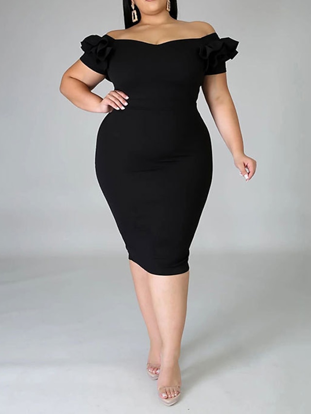 Womens Clothing Plus Size Collection | Womens Plus Size Sheath Dress Solid Color Off Shoulder Ruffle Short Sleeve Spring Summer 