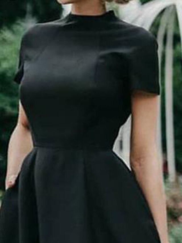 Womens Clothing Womens Dresses | Womens A Line Dress Midi Dress Black Short Sleeve Solid Color Zipper Fall Summer Round Neck Ele