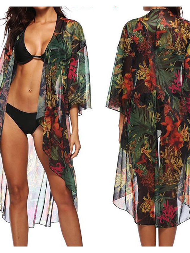 Womens Clothing Womens Swimwear | Womens Swimwear Cover Up Beach Top Normal Swimsuit Floral Print Blur Green Black Purple Pink B