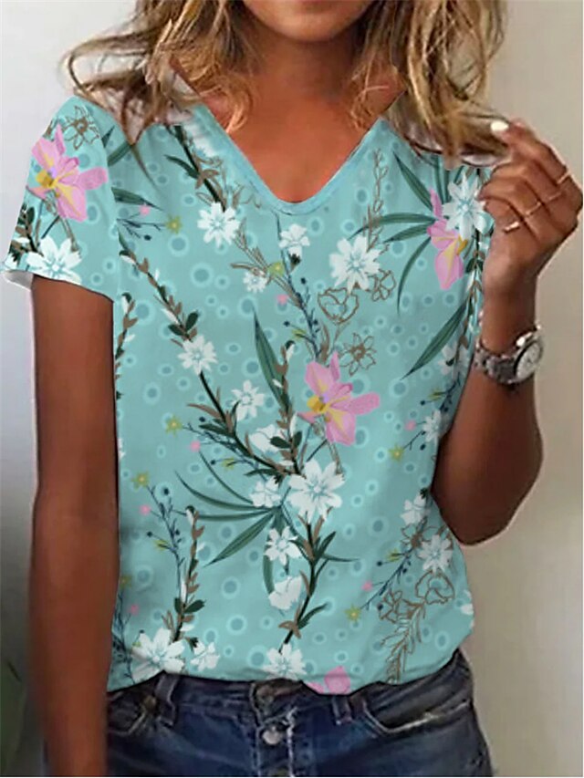 Womens Clothing Womens Tops | Womens Casual Daily Holiday T shirt Tee Floral Short Sleeve Patchwork Print V Neck Basic Tops Blue