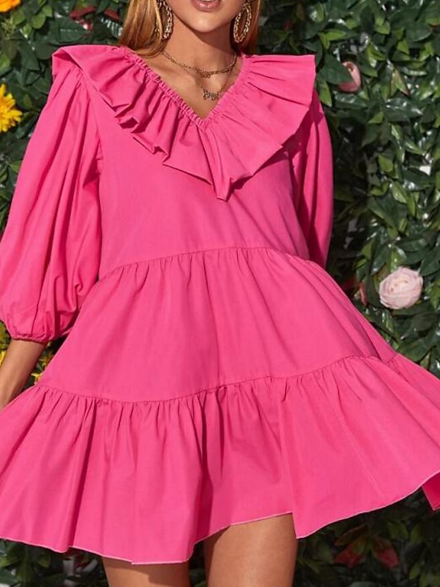 Womens Clothing Womens Dresses | Womens A Line Dress Short Mini Dress Fuchsia 3/4 Length Sleeve Pure Color Ruffle Patchwork Summ