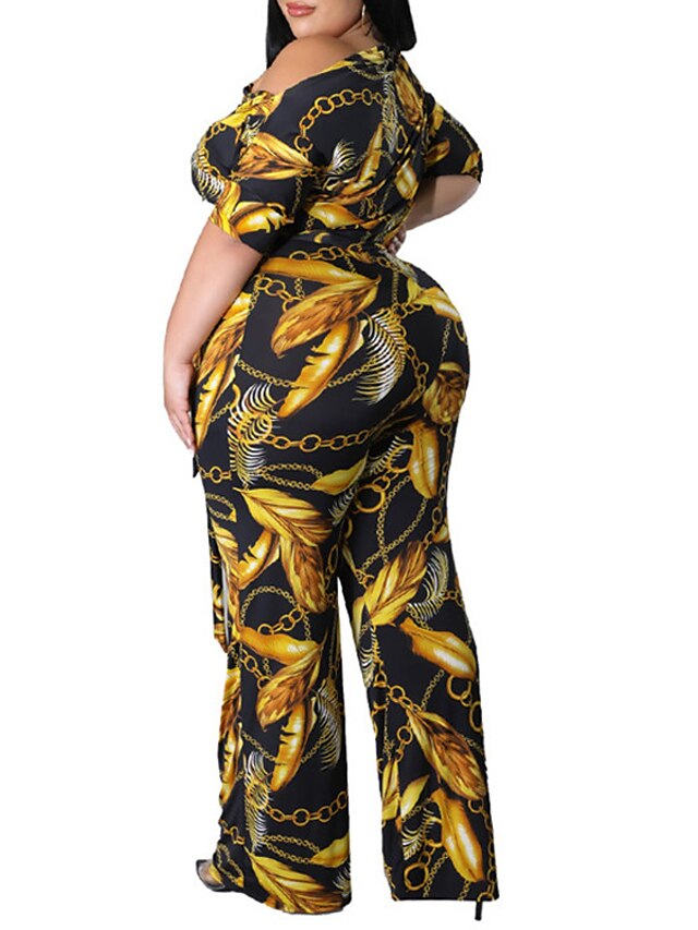 Womens Clothing Plus Size Collection | Womens Plus Size Jumpsuit Print Color Block Letter Streetwear Casual Daily High Full Leng