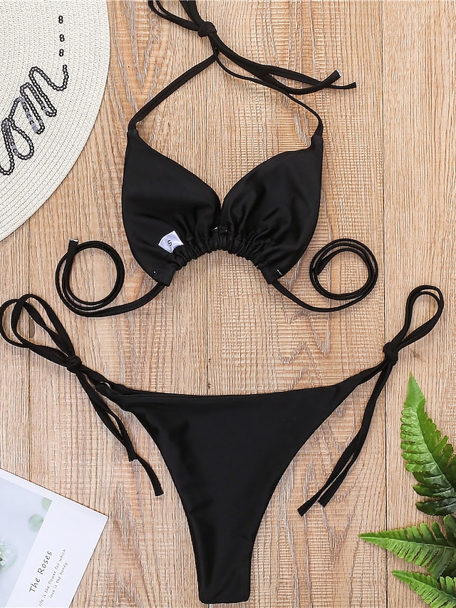 Womens Clothing Womens Swimwear | Womens Swimwear Bikini 2 Piece Normal Swimsuit Backless Beaded string Polka Dot Black V Wire B