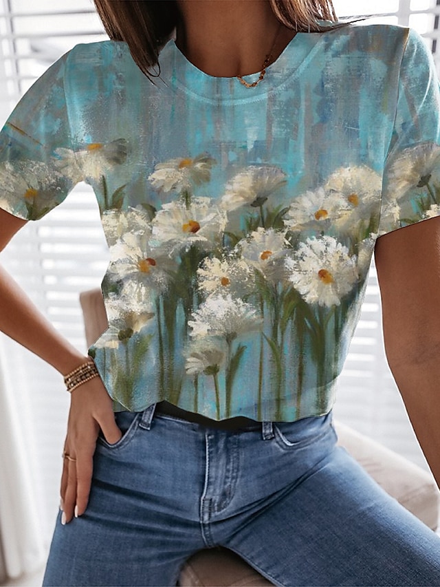  Women's Floral Design T shirt Floral Graphic Print Round Neck Basic Tops Green / 3D Print