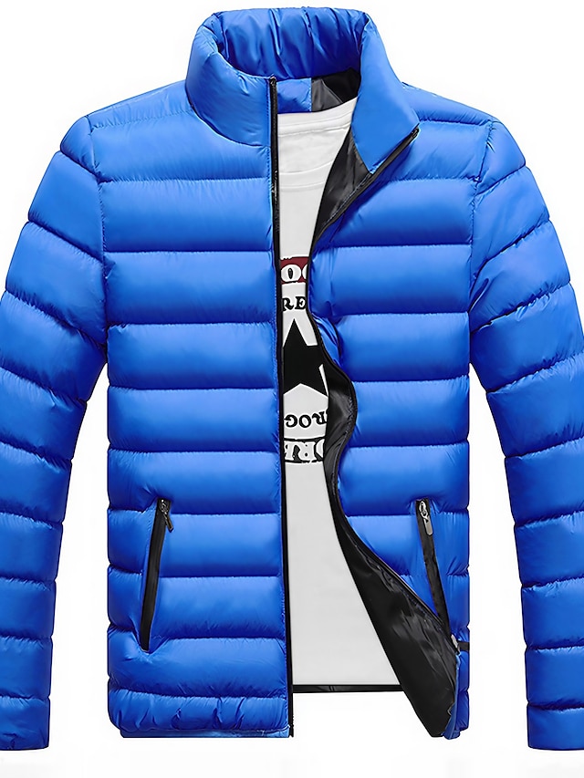  Men's Winter Coat Winter Jacket Puffer Jacket Quilted Jacket Pocket Full Zip Outdoor Street Daily Regular Sporty Casual Warm Breathable Winter Solid Color Black Royal Blue Blue Puffer Jacket