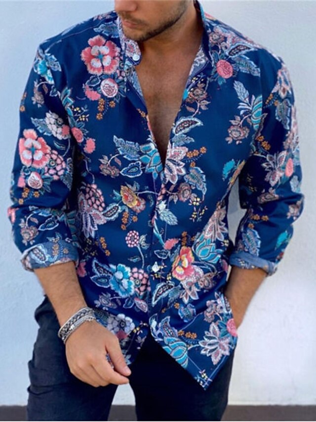 Mens Clothing Mens Shirts | Mens Shirt Print Floral Turndown Casual Daily Button-Down Print Long Sleeve Tops Casual Fashion Blue