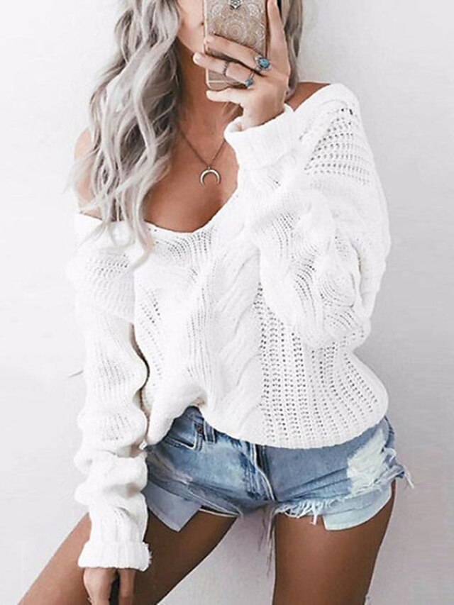 Womens Clothing Sweaters & Cardigans | Womens Pullover Sweater Jumper cable crochet Knit Knitted Pure Color V Neck Stylish Casua