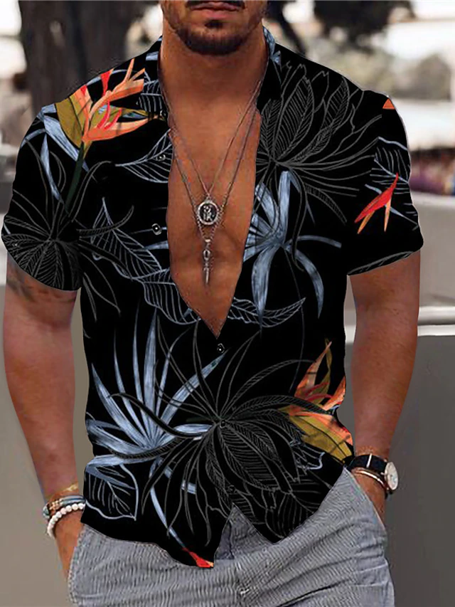 Men's Leaves Shirt Graphic Shirt Aloha Shirt Short Sleeve Shirt Turndown Outdoor Street Print Black White Yellow Pink Blue Print Button-Down Clothing Apparel Fashion Designer Casual Breathable 15