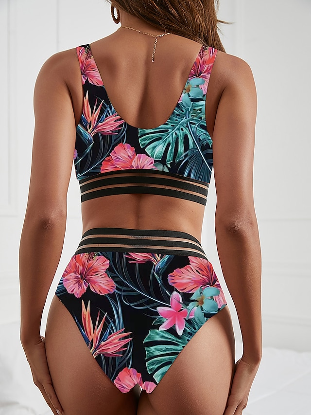 Womens Clothing Womens Swimwear | Womens Swimwear Bikini 2 Piece Normal Swimsuit Backless Printing High Waisted Floral Leaf Blac