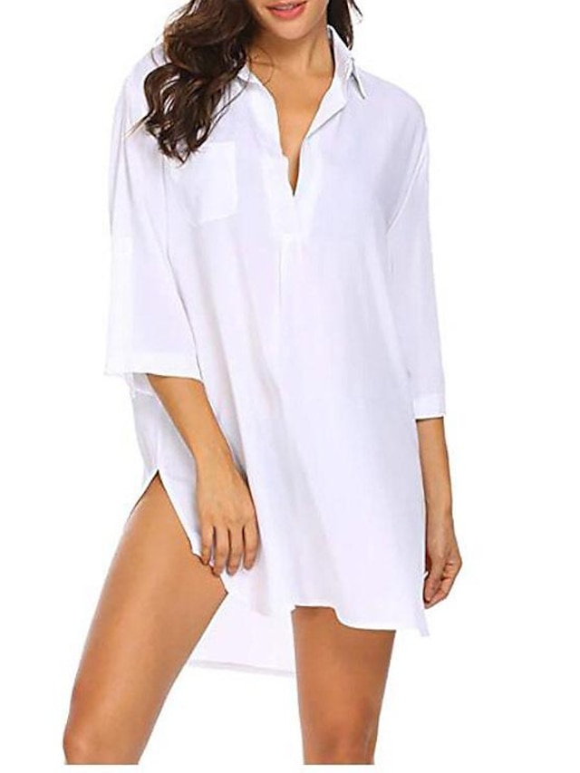  Women's Swimwear Cover Up Beach Top Normal Swimsuit Deep V for Big Busts Solid Color Green White Blue Purple Bathing Suitsyy / Plus Size / Plus Size