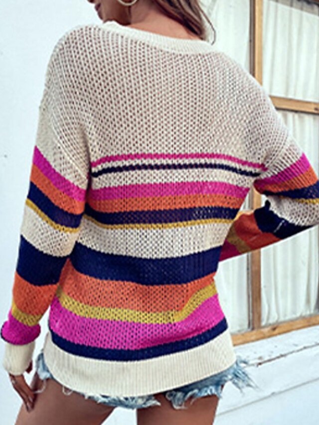 Womens Clothing Sweaters & Cardigans | Womens Pullover Sweater Jumper crochet Knit Knitted Striped Crew Neck Stylish Casual Home