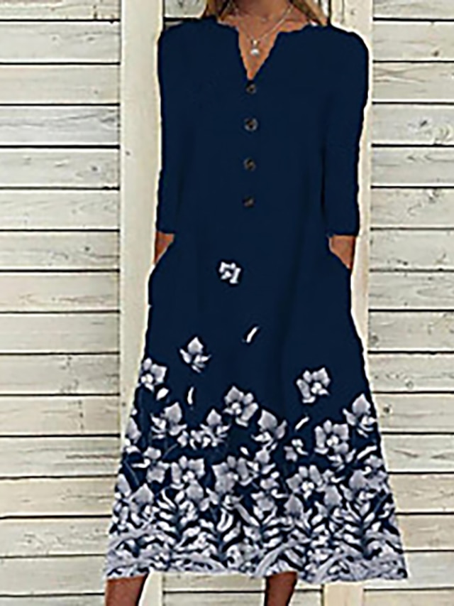 Womens Clothing Womens Dresses | Womens A Line Dress Midi Dress Royal Blue 3/4 Length Sleeve Floral Button Print Fall Winter V N