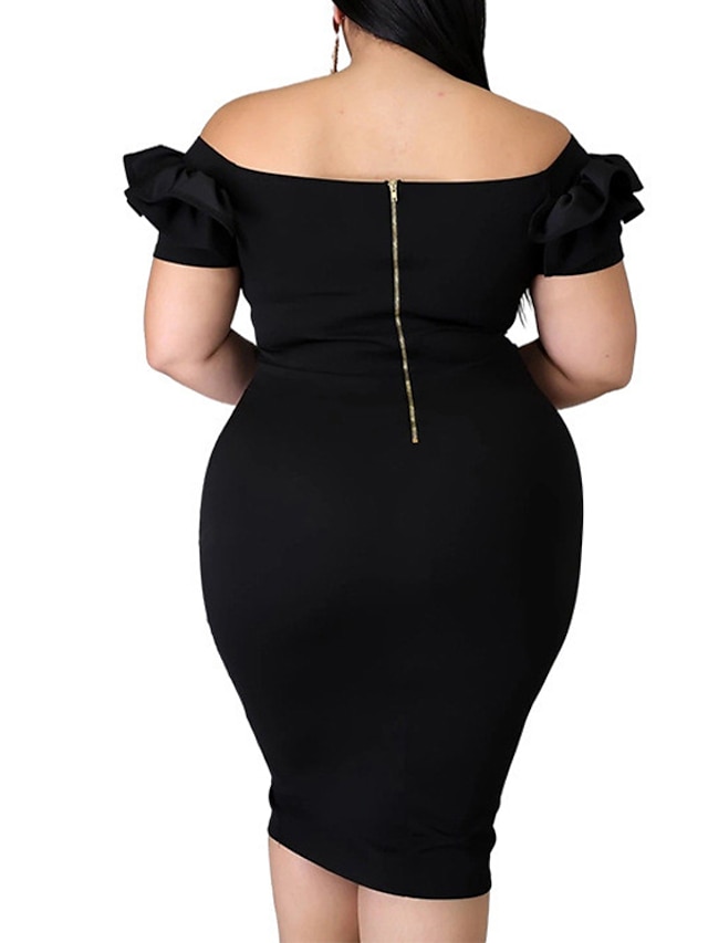 Womens Clothing Plus Size Collection | Womens Plus Size Sheath Dress Solid Color Off Shoulder Ruffle Short Sleeve Spring Summer 