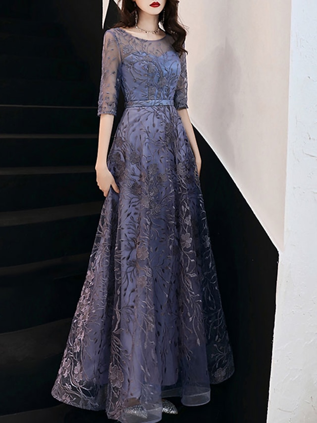  A-Line Evening Gown Elegant Dress Wedding Guest Formal Evening Floor Length Half Sleeve Jewel Neck Tulle with Embroidery Pattern / Print 2024