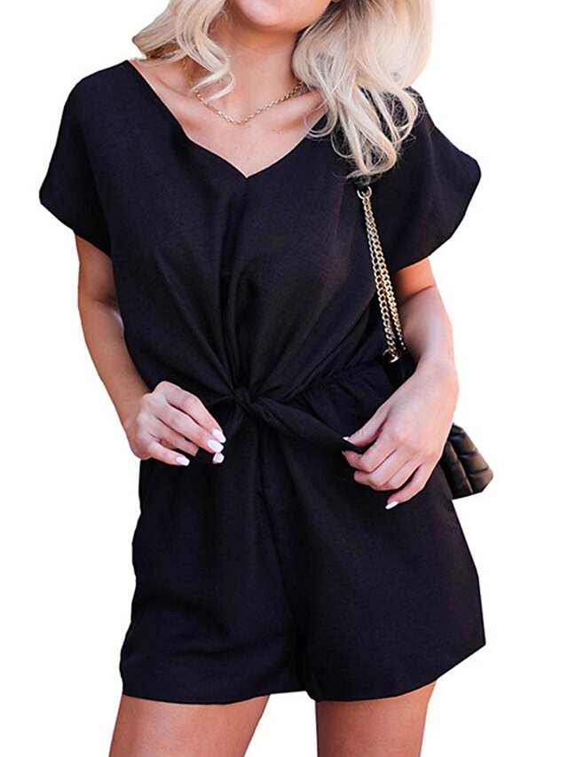 Womens Clothing Womens Jumpsuits & Rompers | Womens Romper Solid Color V Neck Casual Street Daily Regular Fit Short Sleeve Black