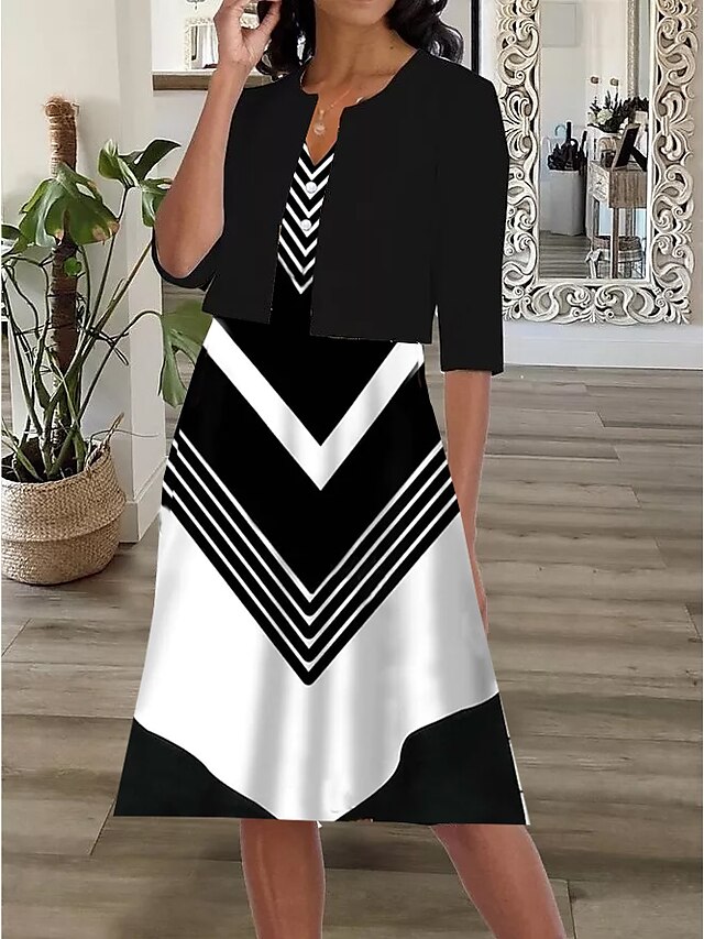 Women's Dress Set Two Piece Dress Midi Dress Black Half Sleeve Color ...