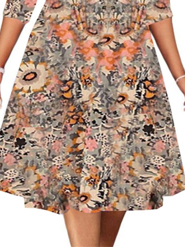 Womens Clothing Plus Size Collection | Womens Plus Size A Line Dress Floral Round Neck Print 3/4 Length Sleeve Spring Summer Cas