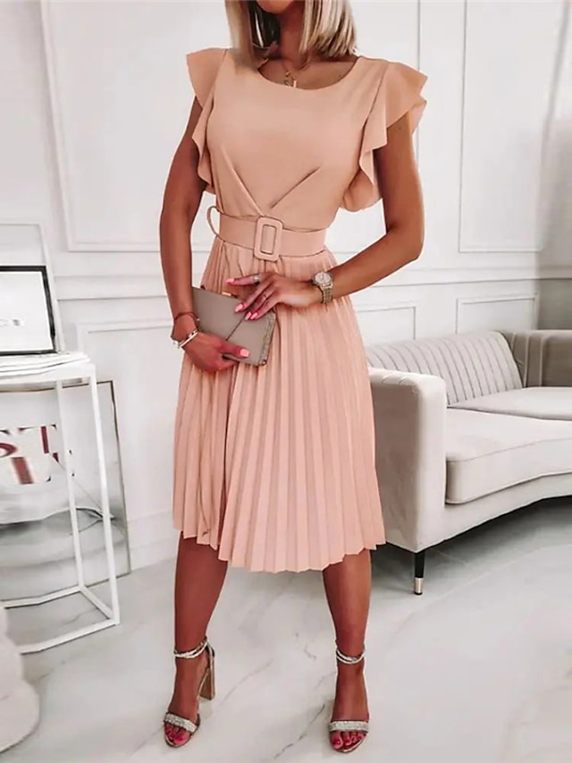 Womens Clothing Womens Dresses | Womens A Line Dress Knee Length Dress Green Fuchsia Orange Beige Short Sleeve Solid Color Ruffl