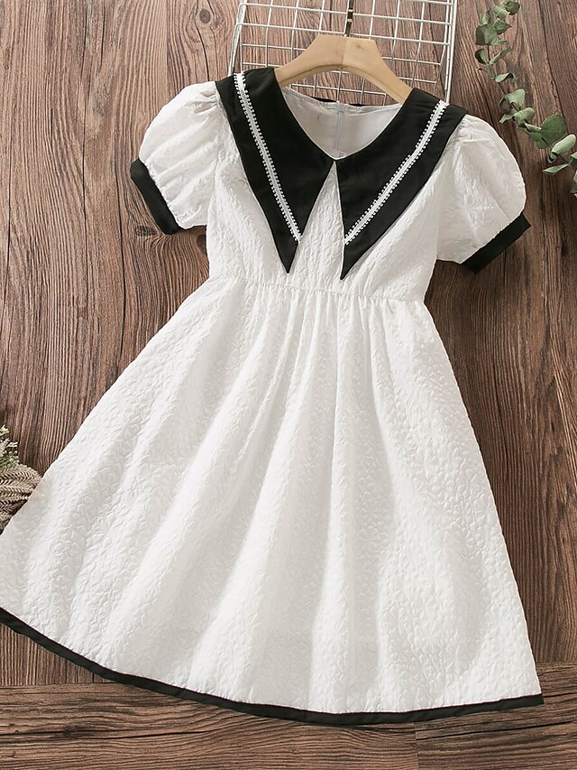 Baby & Kids Girls Clothing | Kids Little Girls Dress Color Block A Line Dress School Daily Puff Sleeve White Knee-length Short S