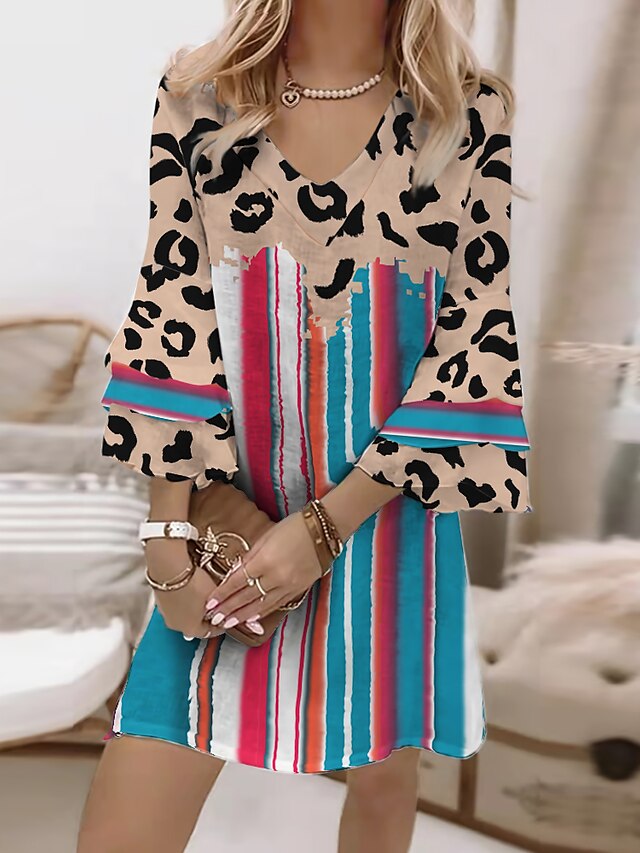 Womens Clothing Womens Dresses | Womens A Line Dress Short Mini Dress Leopard 3/4 Length Sleeve Striped Leopard Print Spring Sum