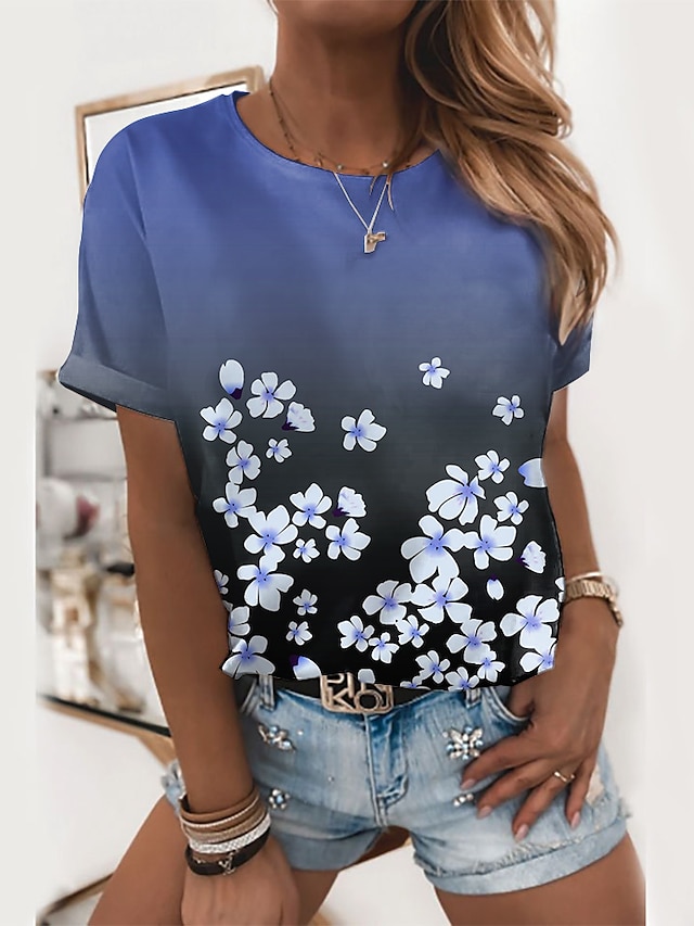  Women's Floral Design T shirt Floral Graphic Print Round Neck Basic Tops Green Blue Purple / 3D Print