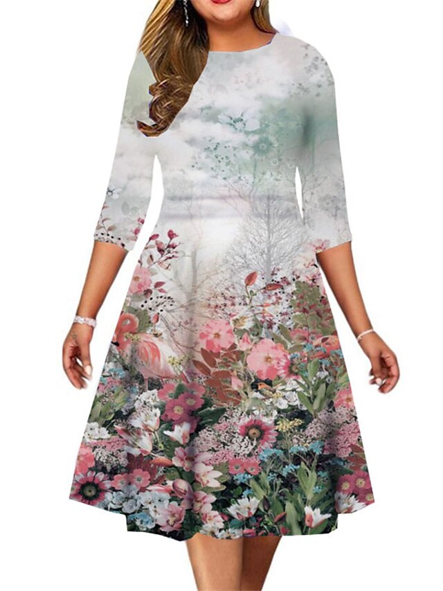 Womens Clothing Plus Size Collection | Womens Plus Size A Line Dress Floral Round Neck Print 3/4 Length Sleeve Spring Summer Cas