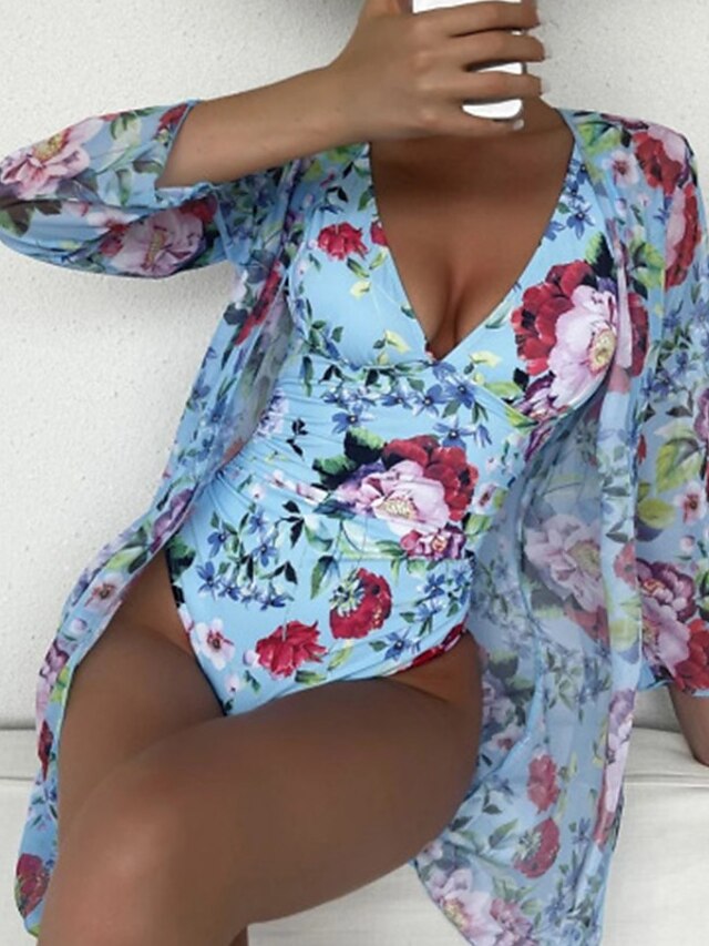  Damen Badeanzug Ein Stück Strandspitze Monokini Badeanzüge Normal Bademode Bauchkontrolle Rückenfrei Print Hoch tailliert Blumen Blau Purpur Gelb V-Wire Ausschnitt Badeanzüge neu Urlaub Modisch