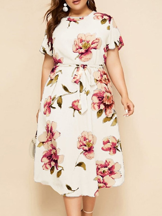 Womens Clothing Plus Size Collection | Womens Plus Size A Line Dress Floral Round Neck Print Short Sleeve Spring Summer Work Cas