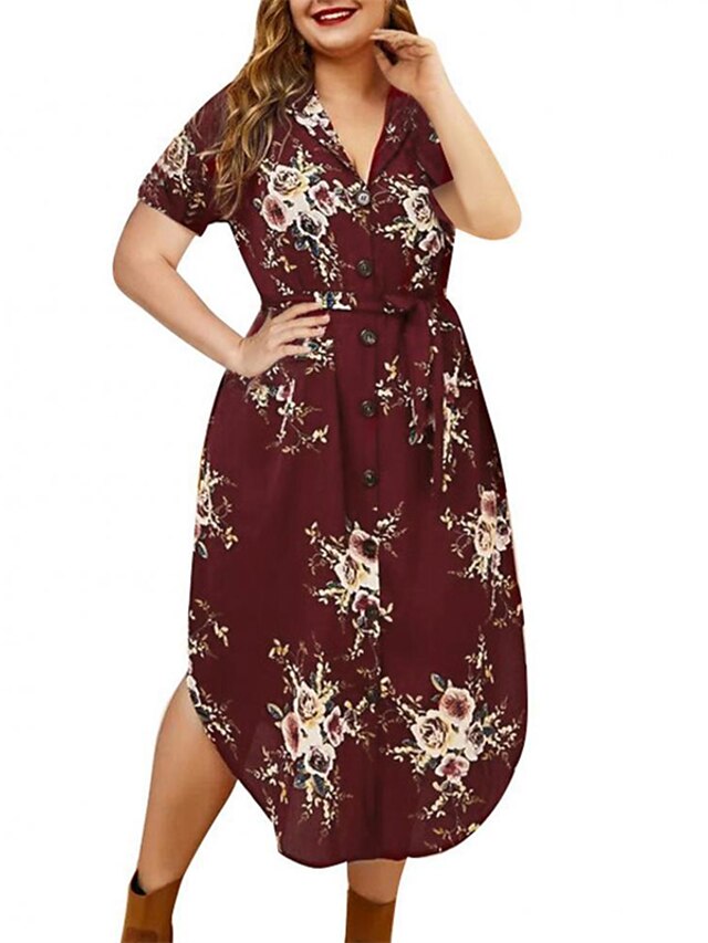 Womens Clothing Plus Size Collection | Womens Plus Size Sheath Dress Floral V Neck Split Short Sleeve Spring Summer Casual Midi 